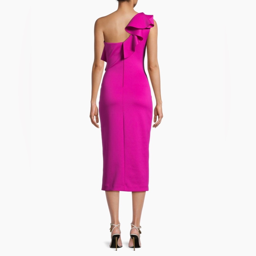 One-Shoulder Fuchsia Ruffle Midi Dress - Picture 4 of 8